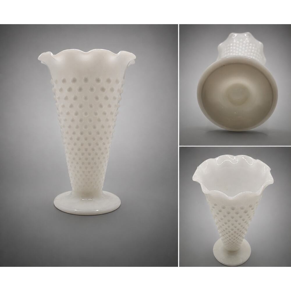 Vintage White Milk Glass Hobnail Vase Scalloped Rim Trumpet Footed Vase 9.5”
